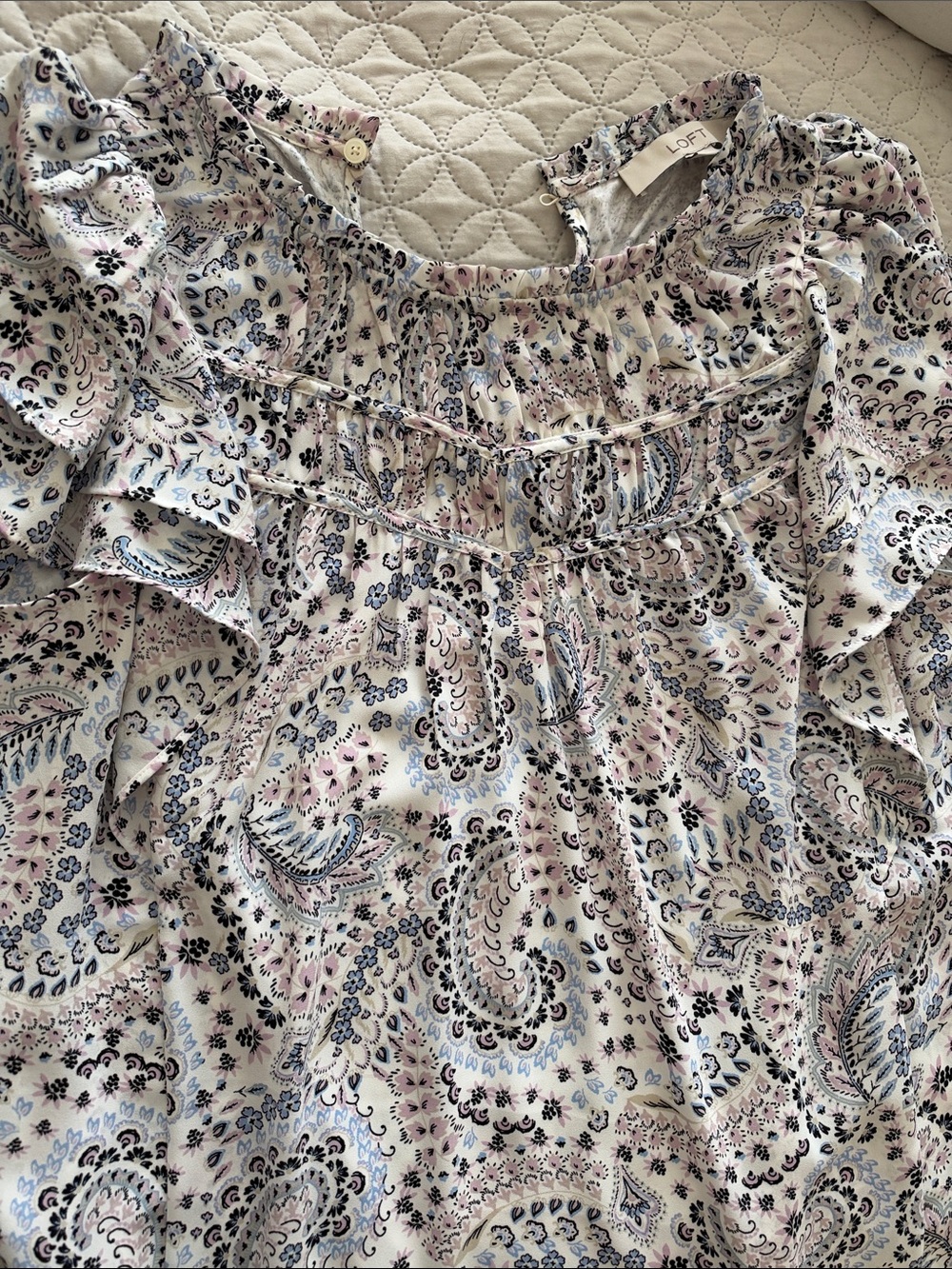 LOFT Paisley Ruffle-Trim Blouse in Lavender, Blue and Cream